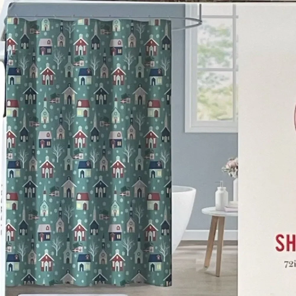 Martha Stewart SHOWER CURTAIN Holiday Christmas Snow Village Shower Curtain NWT
